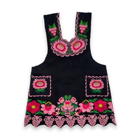 Black Mexican Embroidered Apron – Premium Cotton Blend Apron with Pink Floral - Picture 4 of 9